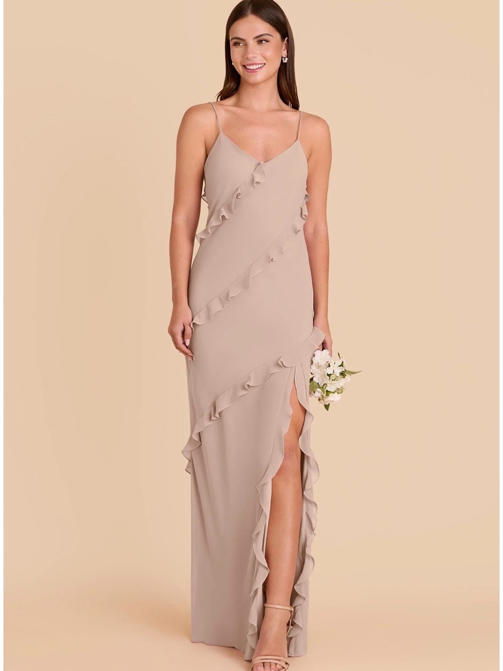 Birdy Grey Taupe Ruffle-Trim Spaghetti Strap Maxi Dress